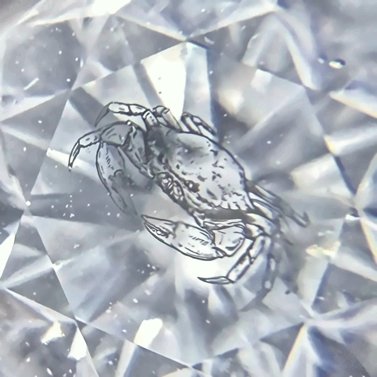 Gravierter Diamant unter der Lupe — feine Linienzeichnung einer Krabbe